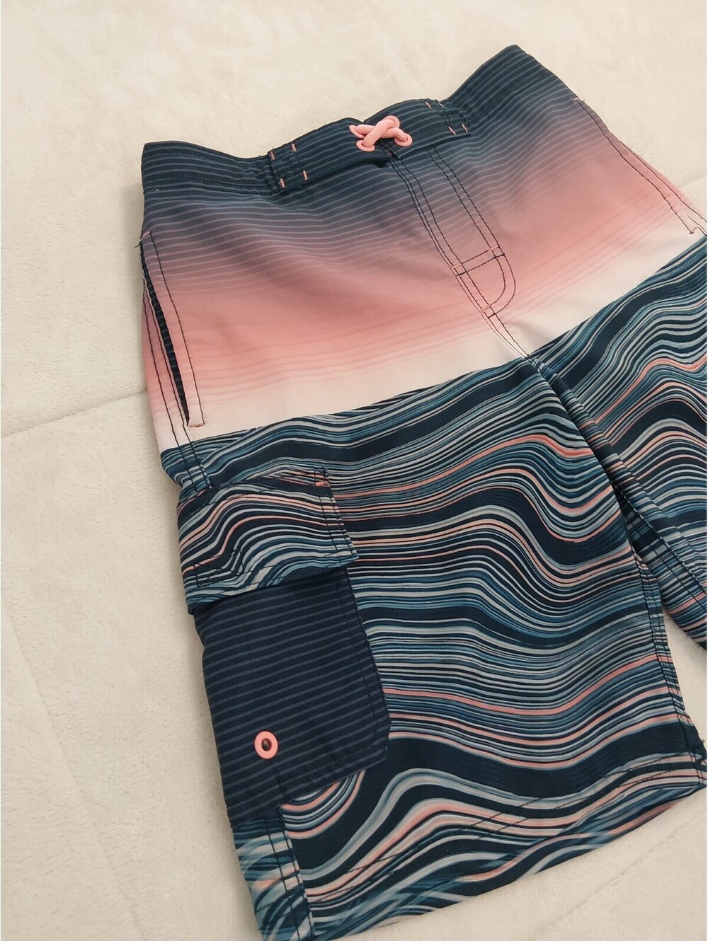 Boys Wonder Nation Wave Pattern Cargo Swim Shorts with Pink Drawstring L. 0062